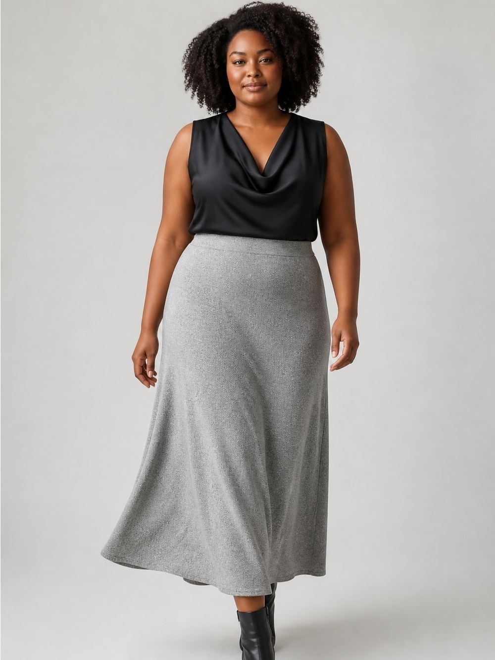 Eileen Fisher Gray Marled Tencel Lyocell Knit Midi Skirt | Size L